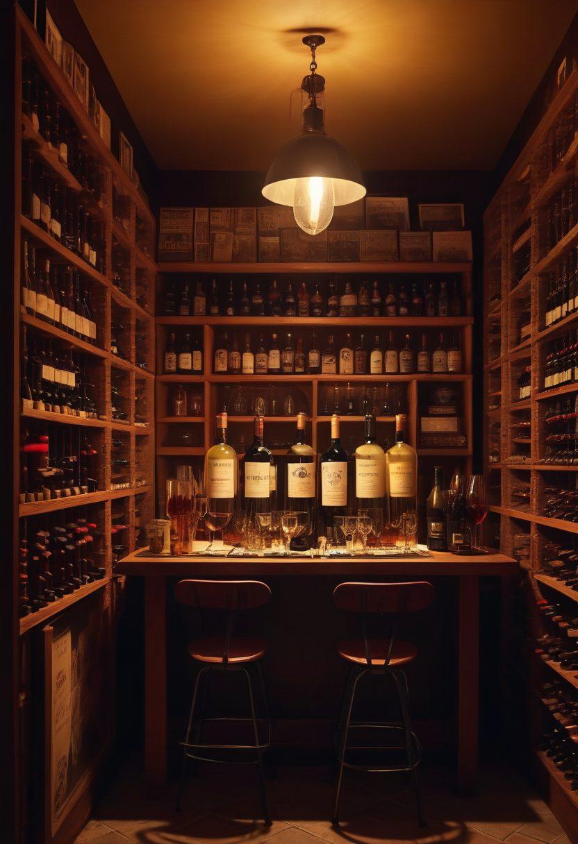 A cinematic scene featuring a beautifully arranged wine cellar blending into a film set, showcasing wine bottles and glasses artfully placed alongside classic film reels and movie posters. The ambiance is warm and inviting, with soft lighting illuminating both the wine and the film elements, evoking a sense of celebration and culture. A vintage film camera sits prominently in the foreground. super-realistic. warm colors. cinematic mood.