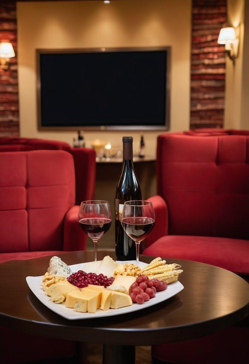 A cozy, dimly-lit cinema with plush red seats, a large screen showing a vibrant wine-themed film. In the foreground, a beautifully arranged table with an array of wine glasses, a bottle of red wine, and a delicious cheese platter. Soft warm lights illuminate the scene, creating a welcoming ambiance that exudes joy and celebration. Subtle hints of cinematic elements like film reels and popcorn in the background. painting. warm colors. elegant details.